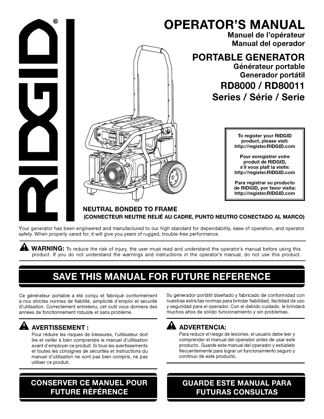 RIDGID manuel dutilisation Portable Generator, RD8000 / RD80011 Series / Série / Serie, Neutral Bonded to Frame 